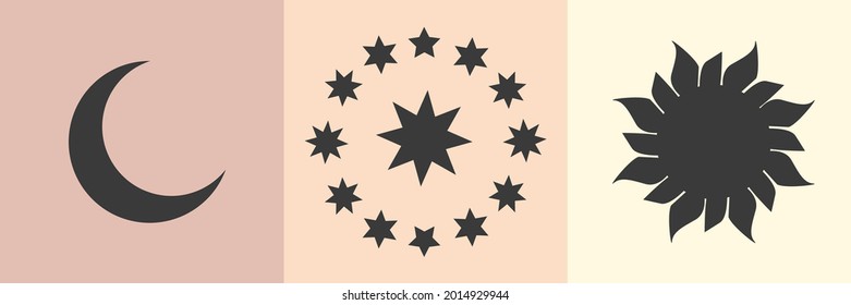 Esoterische Symbole, Alchemie und Hexenkunst. Ethnische Set mit Händen, Mond, Auge und anderen magischen Elementen