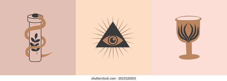 Set of Esoteric symbols, alchemy and witchcraft art. Ethnic set with hands, moon, eye and other magic elements