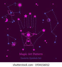 Set of esoteric symbols for fortune telling by hand. Illustration of magic session, look into future, connection with universe, hand and palmistry signs. Vector drawing for tarot cards, web group.