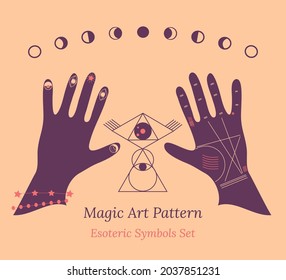 Set of esoteric symbols for fortune telling by hand. Illustration of magic session, look into future, connection with universe, moon phases, hand and palmistry signs. Vector drawing for tarot cards.