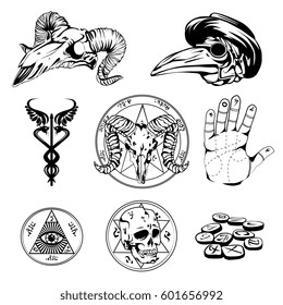 Set of esoteric symbols and occult attributes in sketch design with human goat and crow skulls all seeing eye and palm flat vector illustration 