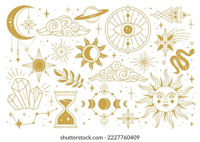 Set of esoteric symbols. Spirit stickers or icons with sun, moon, clouds, evil eye and constellations. Magic, occultism and alchemy. Cartoon linear vector collection isolated on white background