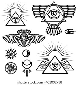 Set of esoteric symbols: wings, pyramid, eye, moon, sun, comet, star. The isolated black contour on a white background.