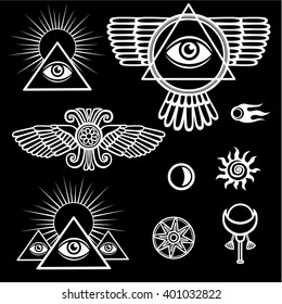 Set of esoteric symbols: wings, pyramid, eye, moon, sun, comet, star. The isolated white contour on a black background.