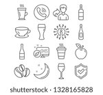 Set of Espresso, Brandy bottle and Champagne icons. Wine glass, Beer glass and Latte signs. Takeaway, Champagne bottle and Coffee-berry beans symbols. Coffee cup, Whiskey, Celebration drink. Vector