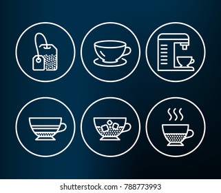 Set of Espresso, Coffee machine and Tea bag icons. Mocha, Cold coffee and Doppio signs. Cappuccino machine, Brew hot drink, Ice cubes in beverage.  Editable stroke. Vector