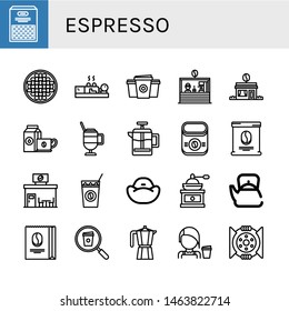 Set of espresso icons such as Beans, Cupping, Paper cup, Coffee shop, Coffee cup, Latte, French press, Instant coffee, bag, Cold Bean bag, grinder , espresso