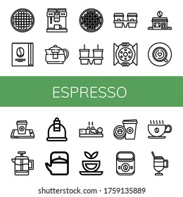 Set of espresso icons. Such as Beans, Coffee beans, Coffee maker, Teapot, Cup carrier, Break, Coffee shop, cup, French press, Cupping, Herbal tea , espresso icons