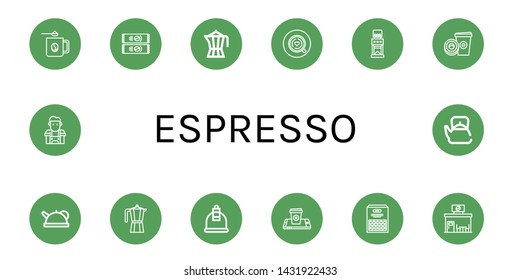 Set of espresso icons such as Coffee mug, Instant coffee, Coffee maker, grinder, Paper cup, Teapot, Moka pot, Cupping, cup, Beans, shop , espresso
