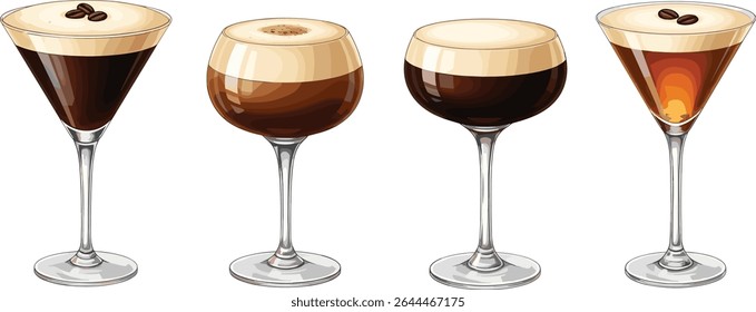 Conjunto de Espresso Martini coquetel em um copo de martini com espuma de café e cacau em pó. Ilustração em aquarela