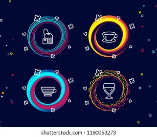 Set of Espresso, Tea bag and Cappuccino icons. Wine glass sign. Coffee cup, Brew hot drink, Cabernet wineglass.  Circle banners with line icons. Gradient colors shapes. Vector