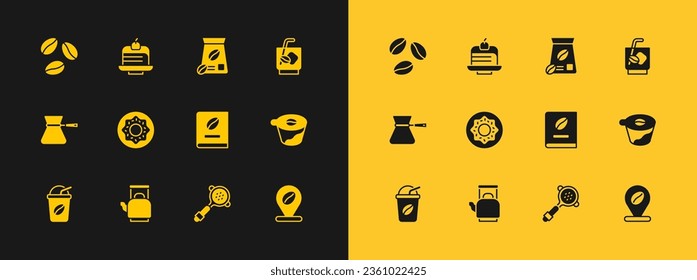 Set Espresso tonic coffee, Kettle with handle, Coffee book, filter holder, Donut, Bag beans,  and Piece cake icon. Vector