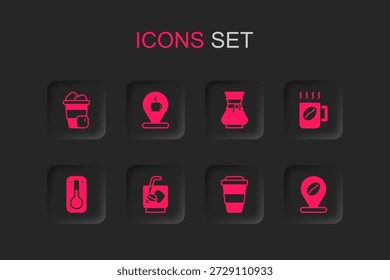 Set café tónico espresso, Locación con taza, helado, café go, frijol, verter sobre el fabricante y el icono del termómetro. Vector