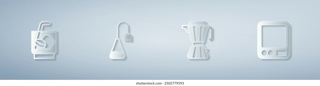 Set Espresso tonic coffee, Tea bag, Coffee maker moca pot and Electronic scales. Paper art style. Vector