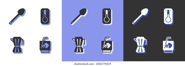 Set Espresso tonic coffee, Teaspoon, Coffee maker moca pot and thermometer icon. Vector