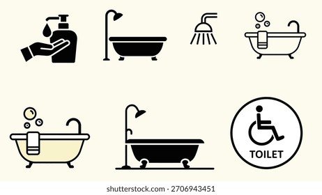 Un conjunto de iconos vectoriales esenciales de baño e higiene Incluye bañeras, ducha, lavado de manos y un letrero de baño accesible Ideal para proyectos de diseño