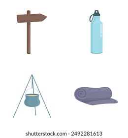 Set of essential camping icons with vectors, illustrations, and signs including water bottle, tripod, pot, and equipment for outdoor adventure and travel isolated on nature campsite