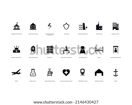 set of essential critical infrastructure line art icon 