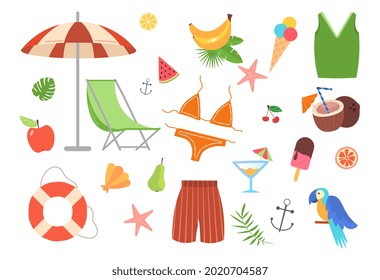 Set of essential cute colorful summer items on white background. Elements for summer beach holiday for stickers, cards, clip art collection. Flat cartoon vector illustration