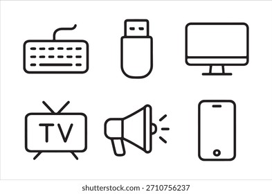 Un conjunto de herramientas digitales esenciales y dispositivos de medios representados en iconos de contorno limpio.