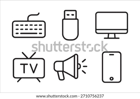 A set of essential digital tools and media devices represented in clean outline icons.