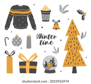 Set of essential festive christmas elements on white background. Winter stickers of gift, candle, pine, mittens. Christmas template for card, poster, stickerpack. Flat cartoon vector illustration.