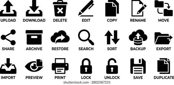 Set of Essential File Management and Web Interface Icons