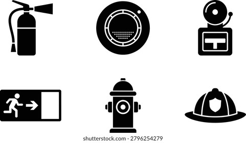 A set of essential fire safety and emergency icons, featuring a fire extinguisher, smoke detector, alarm bell, exit sign, fire hydrant, and firefighter's helmet in black silhouettes.