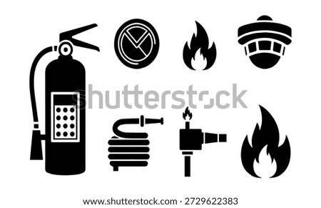 A set of essential fire safety icons including a fire extinguisher, hose, and flames, presented in a clean black and white vector style.