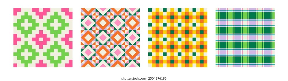 Conjunto de patrones sin costuras imprimibles geométricos esenciales con Formas de trazo de forma de línea minimalista elegante en colores vibrantes. Fondo simple moderno en el arte minimalista de la pared del Vector del estilo de mediados de siglo