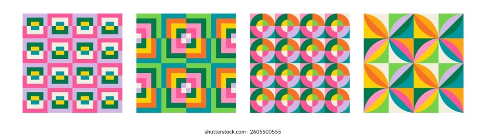 Set of Essential geometric printable seamless pattern with abstract Minimal elegant line form stroke shapes in vibrant colors. Modern simple background in minimalist mid century style vector wall art