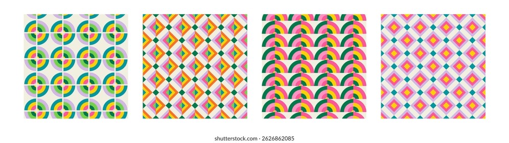 Set of Essential geometric printable seamless pattern with abstract Minimal elegant line form stroke shapes in vibrant colors. Modern simple background in minimalist mid century style vector wall art