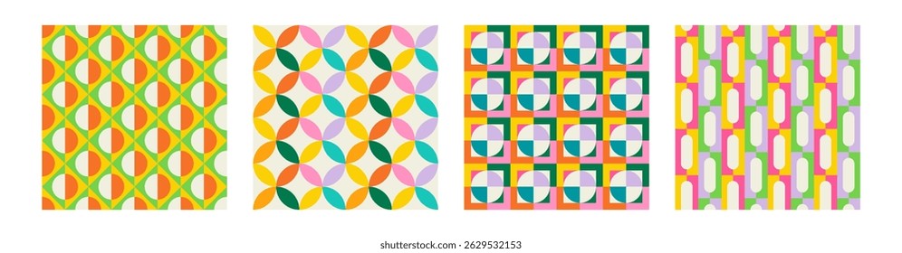 Set of Essential geometric printable seamless pattern with abstract Minimal elegant line form stroke shapes in vibrant colors. Modern simple background in minimalist mid century style vector wall art