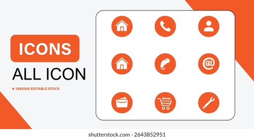 A set of essential icons in orange circles, including home, phone, user, email, shopping cart, and wrench.
