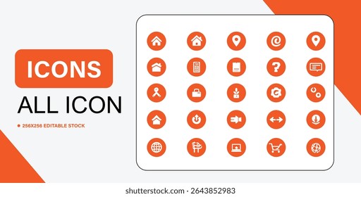 A set of essential icons in orange circles, including home, phone, user, email, shopping cart, and wrench.