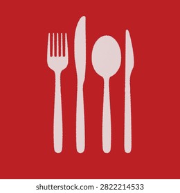 Set of essential kitchen utensils including a fork, two knives, and a spoon, all presented on a solid red background, ideal for culinary-themed designs and food-related projects.