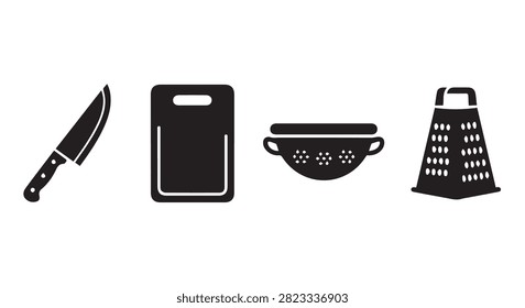 Set of essential kitchen utensils including a knife, cutting board, bowl, and grater, used for cooking, food prep, and culinary tasks in the kitchen.