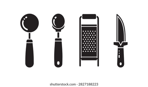 Set of essential kitchen utensils including a knife, grater, slicer, and peeler for food preparation and cooking tasks.
