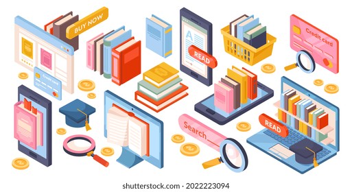 Set Of Essential Library Reading Elements On White Background. Reading Dictionary In Library. Libraries, Internet Archive Of Books, History Culture, Online Book. Isometric Cartoon Vector Illustration