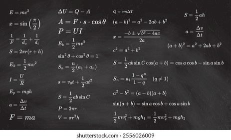 Set of essential math and physics formulas isolated on school blackboard. Key concept in math, physics, mechanics, thermodynamics, and electricity. Vector illustration.