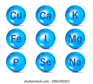 Set of Essential Mineral supplement icons. Minerals and multivitamin complex for health. Calcium Zinc Magnesium Manganese Iron Molybdenite Iodine Cobalt Chromium Copper Potassium Silicon Selenium