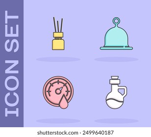 Set Essential oil bottle, Aroma diffuser, Sauna thermometer and hat icon. Vector