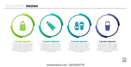 Set Essential oil bottle, Cream or lotion cosmetic tube, Sauna slippers and bucket. Business infographic template. Vector