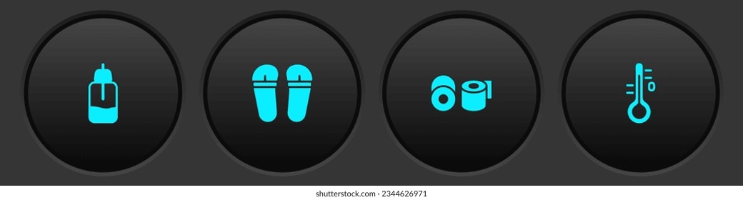 Set Essential oil flasche, Flip flops, Toilettenpapier Rolle und Sauna Thermometer Symbol. Vektorgrafik