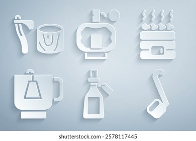 Set Essential oil bottle, Hot sauna stones, Cup of tea with tea bag, Sauna ladle, Aftershave and Wooden axe in stump icon. Vector