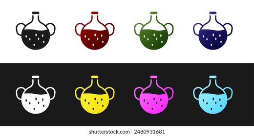 Set Icono de botella de aceite esencial aislado sobre fondo blanco y negro. Esencia de aromaterapia orgánica. Paquete de gota de vidrio de suero para el cuidado de la piel.  Vector