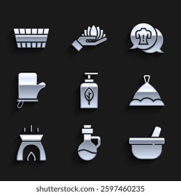 Set Essential oil bottle, Mortar and pestle, Sauna hat, Aroma candle, mittens, Massage and bucket icon. Vector