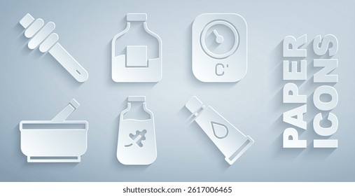 Set Essential oil bottle, Sauna thermometer, Mortar and pestle, Cream lotion cosmetic tube, Bottle of vodka and Honey dipper stick icon. Vector