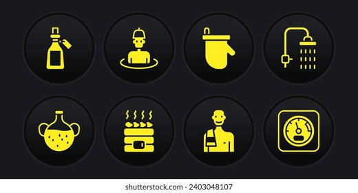 Set Essential oil bottle, Shower, Hot sauna stones, Man in the, Sauna mittens, thermometer and  icon. Vector