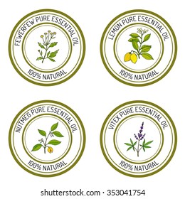 Set of essential oil labels: lemon, fewerfew, nutmeg, vitex. Vector illustration